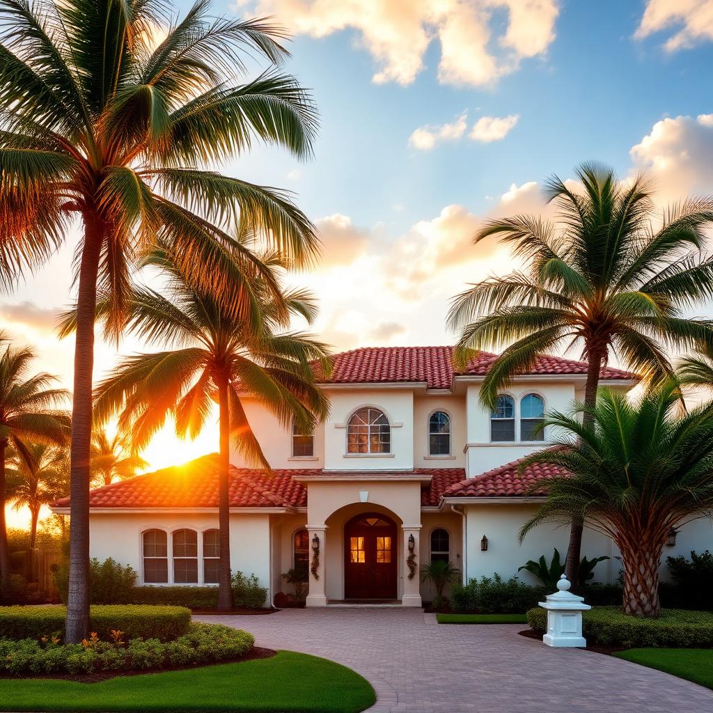 Florida coastal home framed by palm trees at golden hour