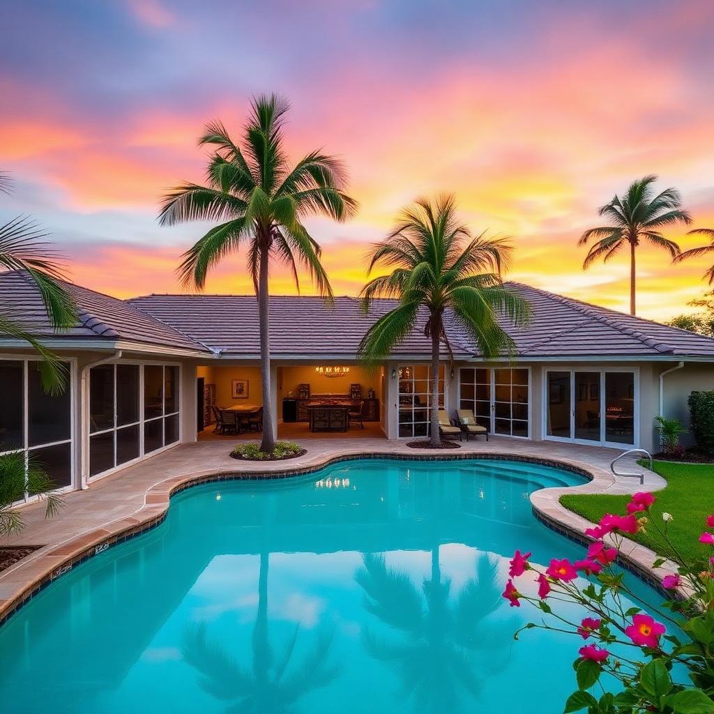 Screened lanai with pool and tropical sunset