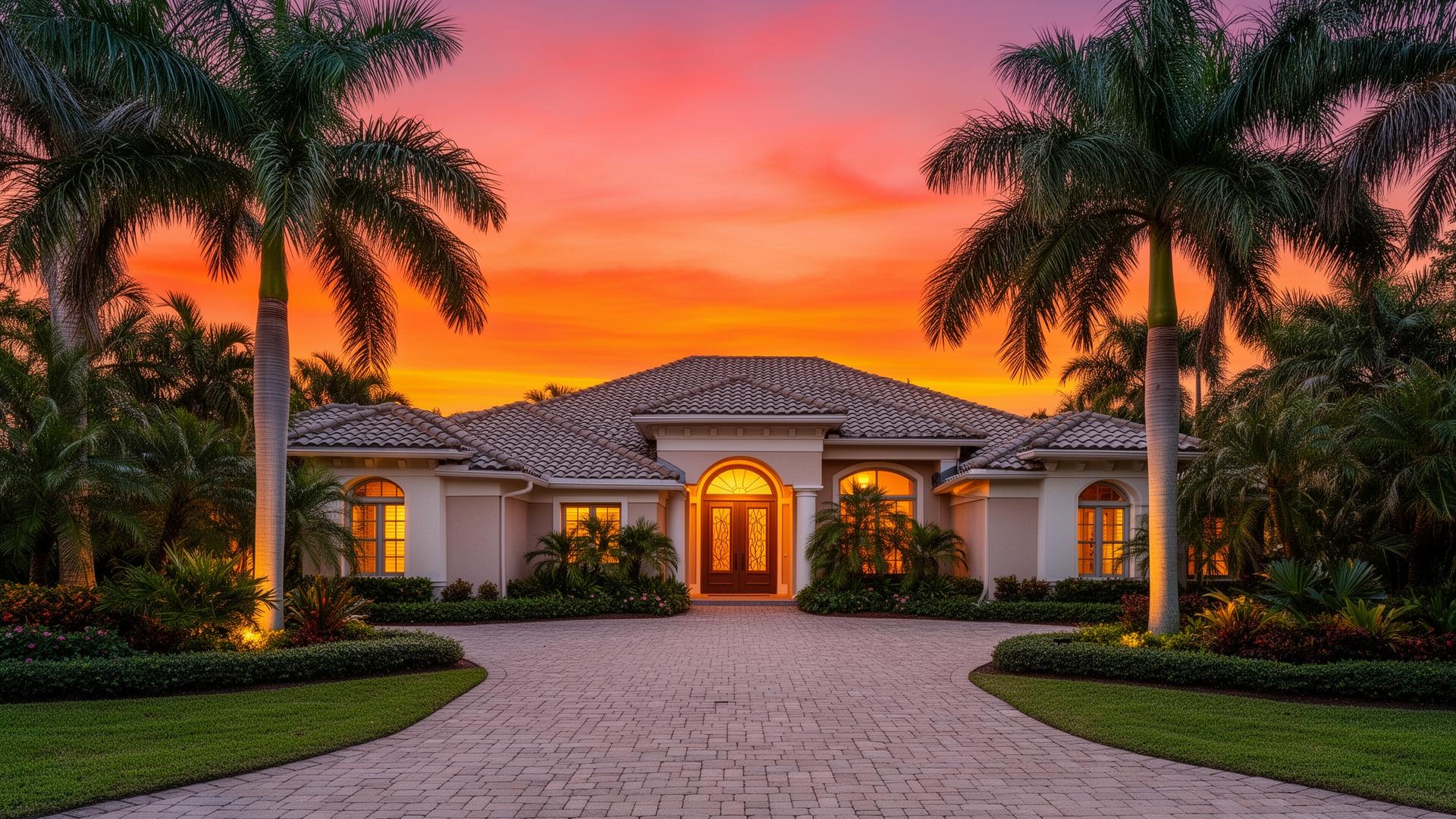 Luxury Florida home at sunset with palm trees